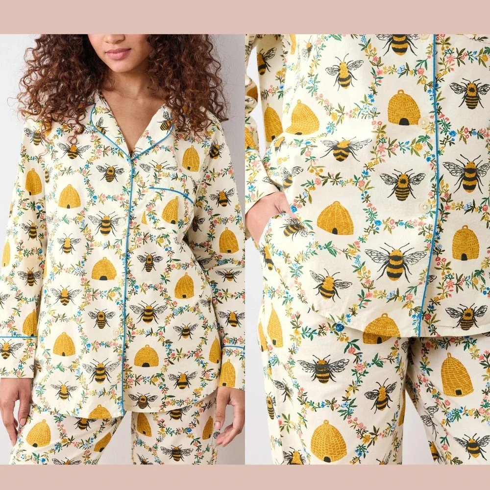 NWT $168 PRINTFRESH [ Small ] 100% Organic Cotton Long PJ Set in Sweet Bee T2205
